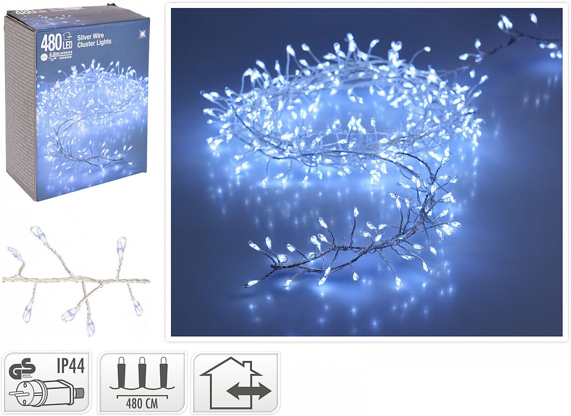 STŘÍBRNÝ DRÁT CLUSTER 480LED studená bílá,venkovní