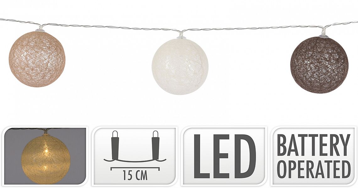 LED GIRLANDA s 10 koulemi ø 6cm mix hnědá na bat.