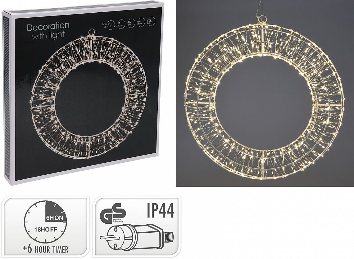 VĚNEC BÍLÝ DRÁTĚNÝ LED ø 38cm s časovačem