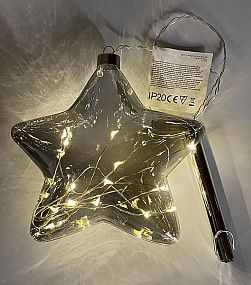 SKLENĚNÁ HVĚZDA LED kouřová průměr 18cm na baterie